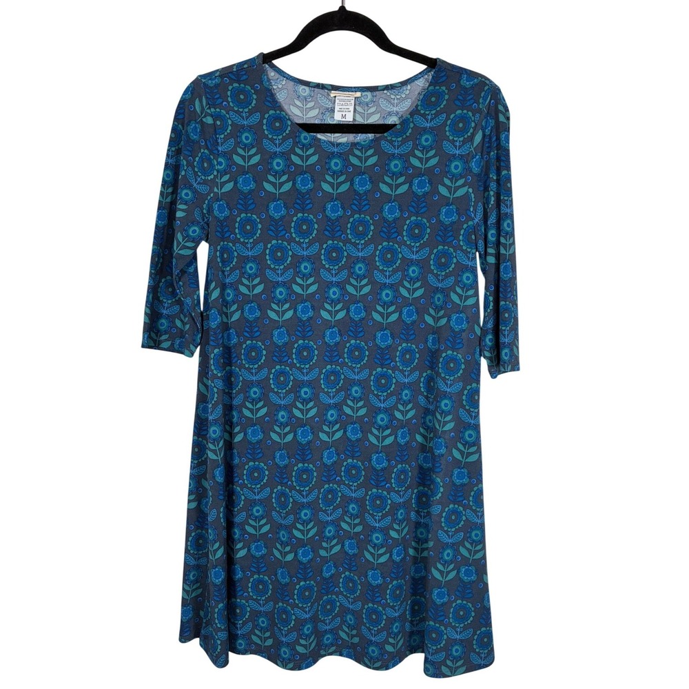 Natural Life Blue Floral 3/4 Sleeve Tunic Mini Dress M Boho Cottagecore